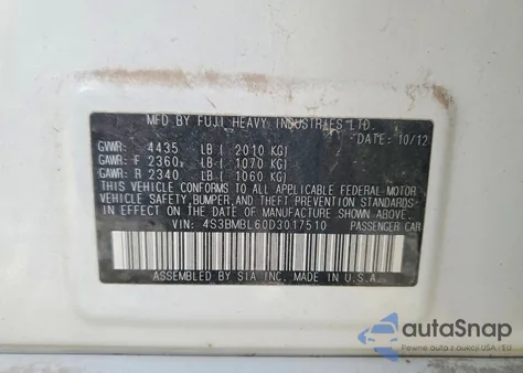 2013 Subaru Legacy 2.5I Limited z USA, uszkodzony, nr VIN 4S3BMBL60D3017510